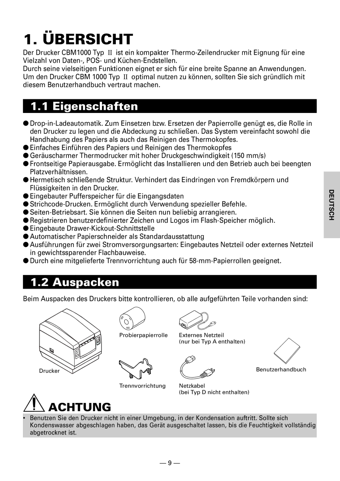 Citizen CBM1000II user manual Übersicht, Eigenschaften, Auspacken 