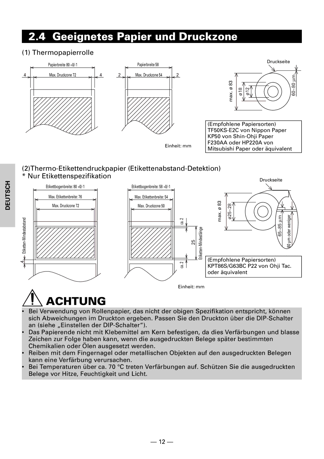 Citizen CBM1000II user manual Geeignetes Papier und Druckzone, Thermopapierrolle 