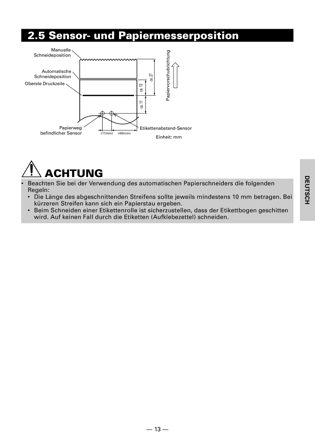 Citizen CBM1000II user manual Sensor- und Papiermesserposition 