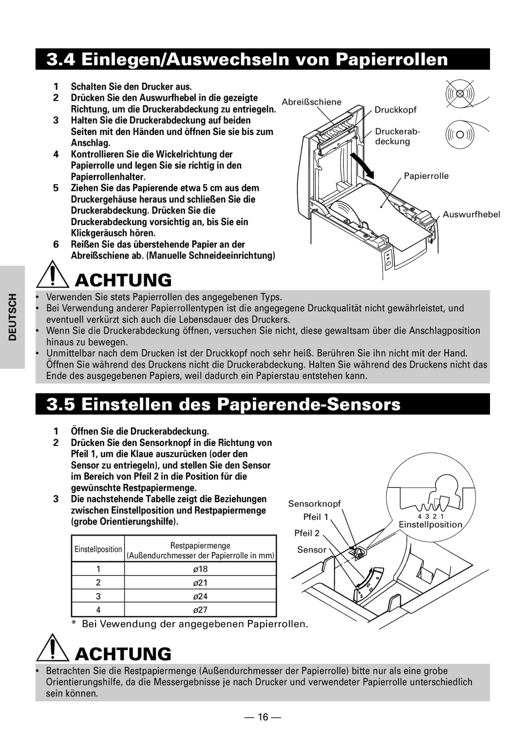 Citizen CBM1000II user manual Einlegen/Auswechseln von Papierrollen, Einstellen des Papierende-Sensors 