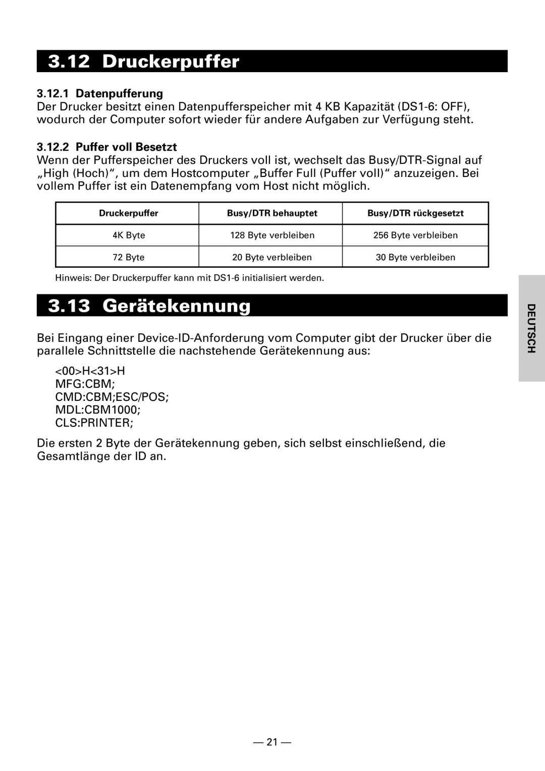 Citizen CBM1000II user manual Druckerpuffer, 13 Gerätekennung, Datenpufferung, Puffer voll Besetzt 