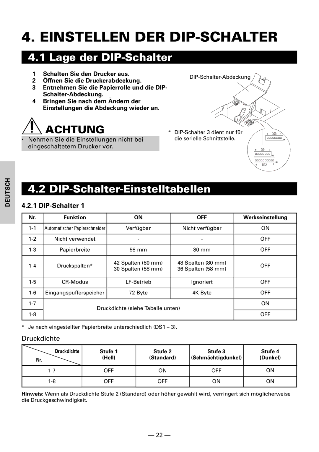 Citizen CBM1000II Einstellen DER DIP-SCHALTER, Lage der DIP-Schalter, DIP-Schalter-Einstelltabellen, Druckdichte 