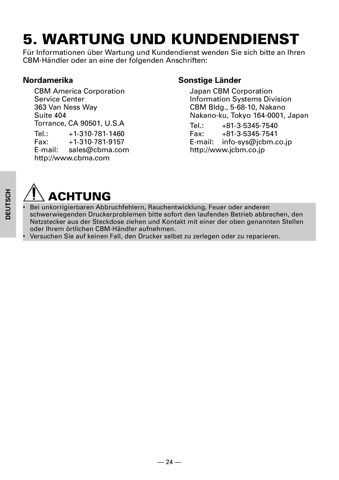 Citizen CBM1000II user manual Wartung UND Kundendienst, Nordamerika Sonstige Länder 