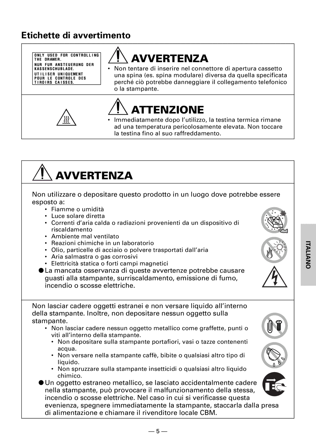 Citizen CBM1000II user manual Etichette di avvertimento 