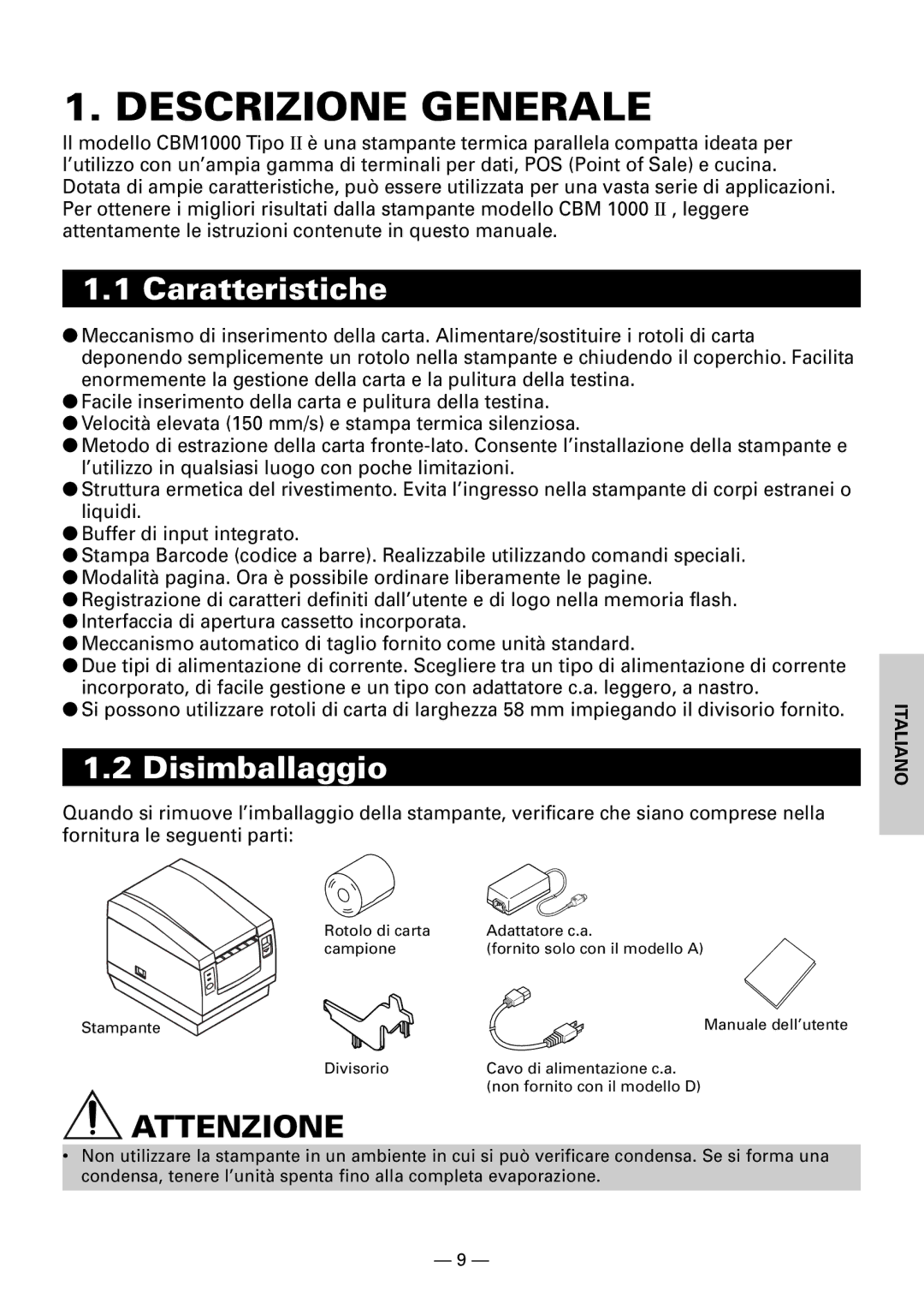 Citizen CBM1000II user manual Descrizione Generale, Caratteristiche, Disimballaggio 