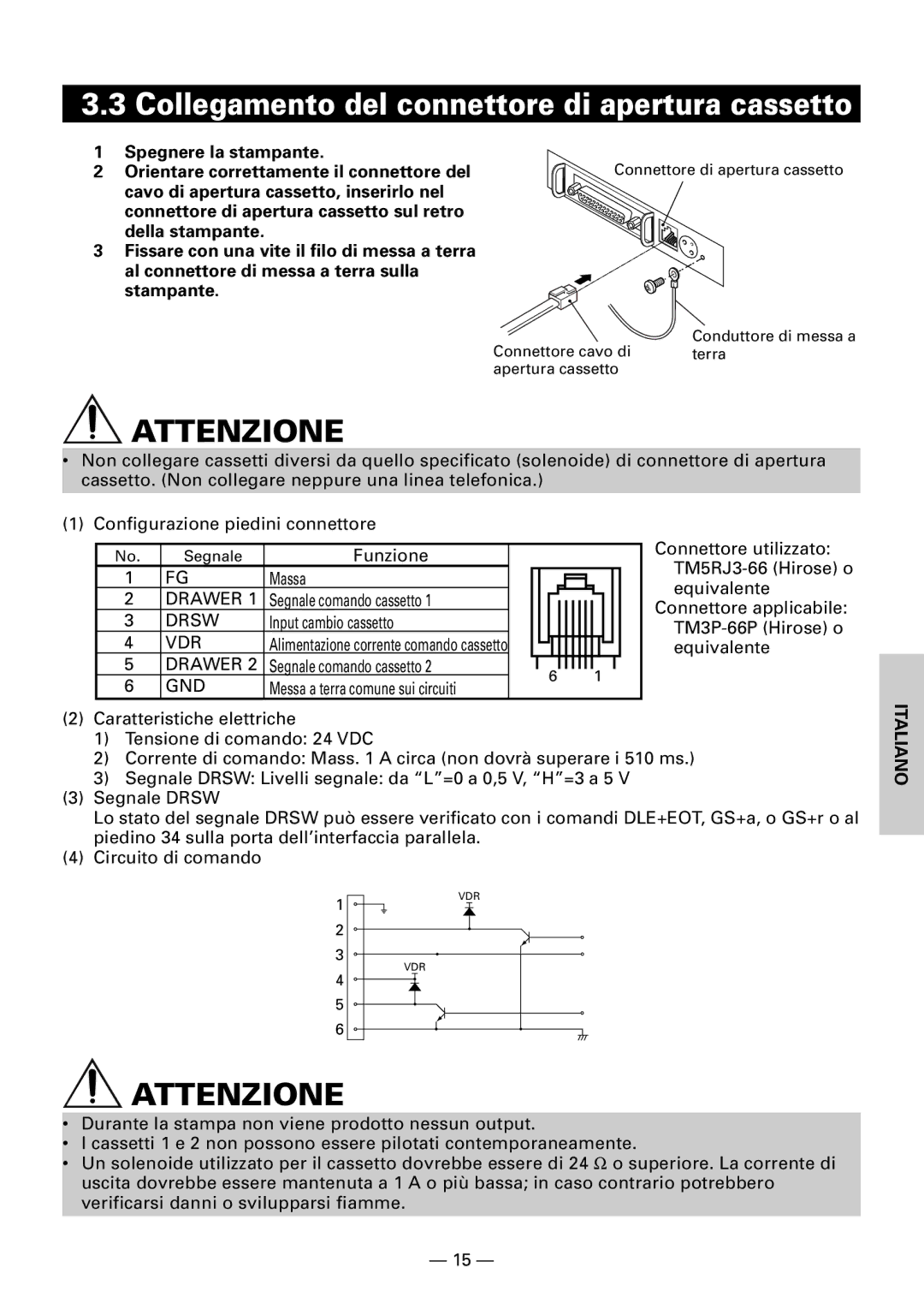 Citizen CBM1000II user manual Collegamento del connettore di apertura cassetto 