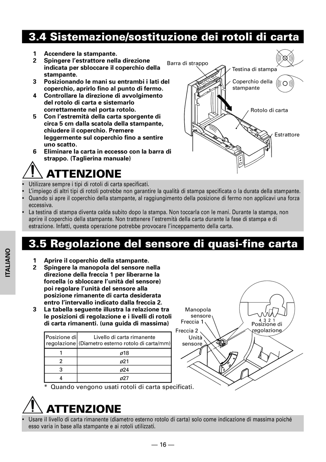 Citizen CBM1000II user manual Sistemazione/sostituzione dei rotoli di carta, Regolazione del sensore di quasi-fine carta 