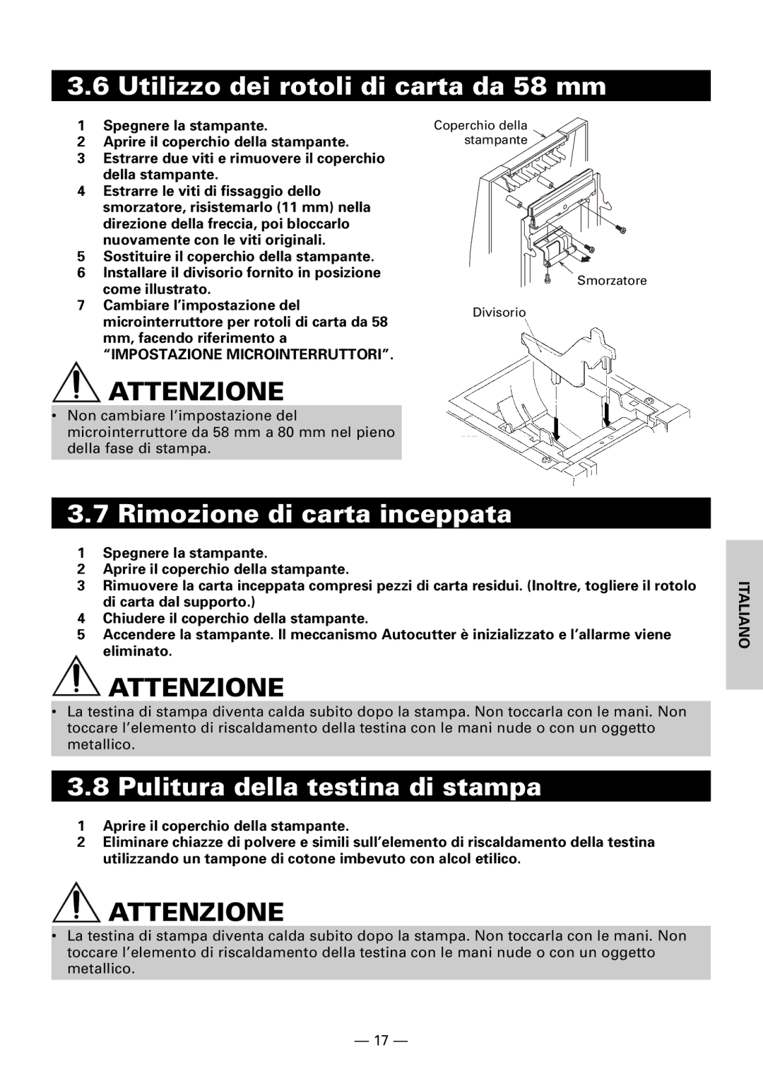 Citizen CBM1000II Utilizzo dei rotoli di carta da 58 mm, Rimozione di carta inceppata, Pulitura della testina di stampa 