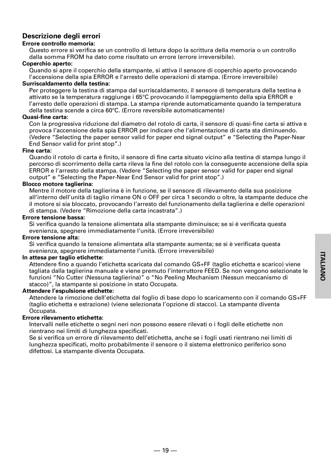 Citizen CBM1000II user manual Descrizione degli errori, Errore controllo memoria 