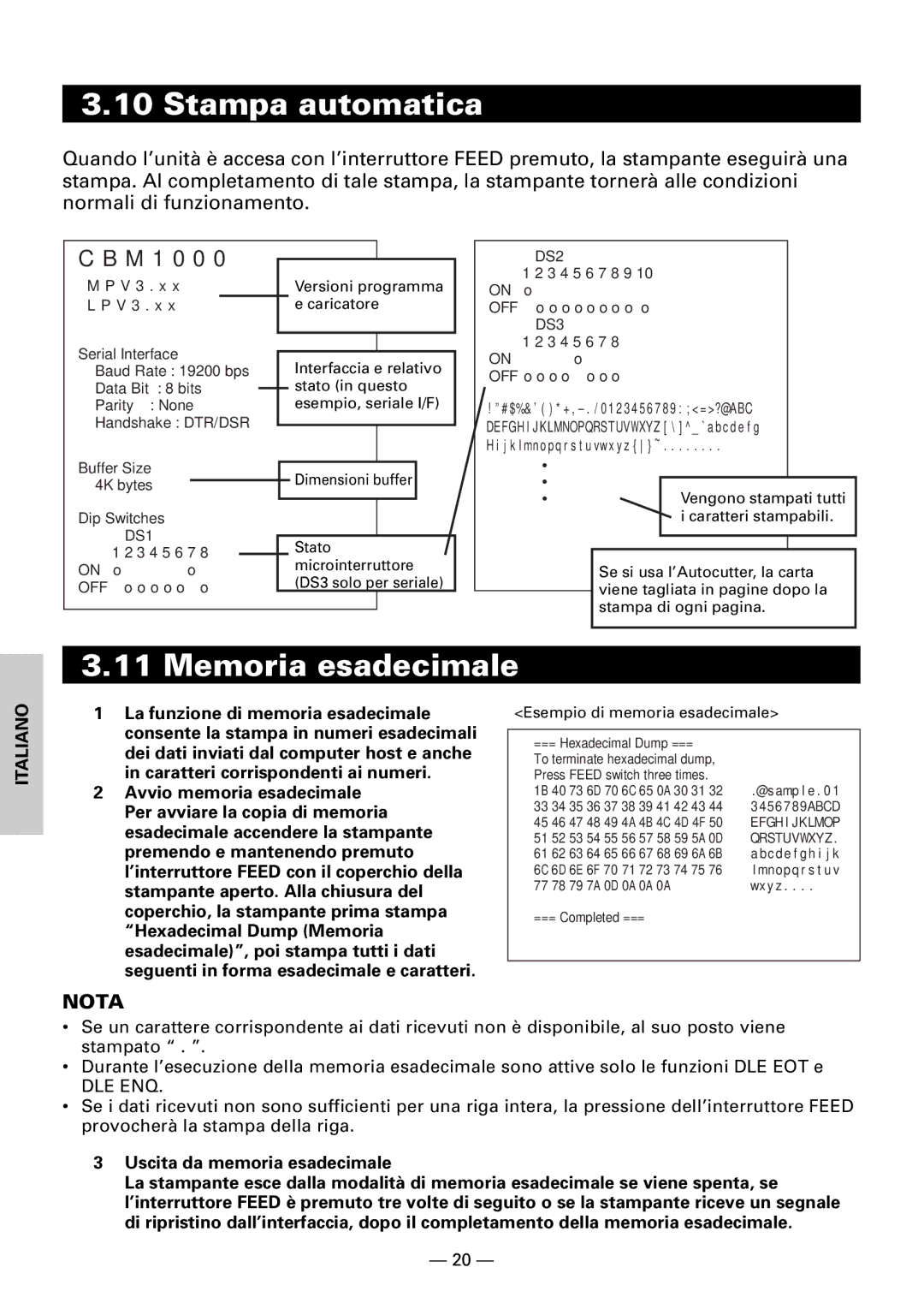 Citizen CBM1000II user manual Stampa automatica, Memoria esadecimale, Uscita da memoria esadecimale 