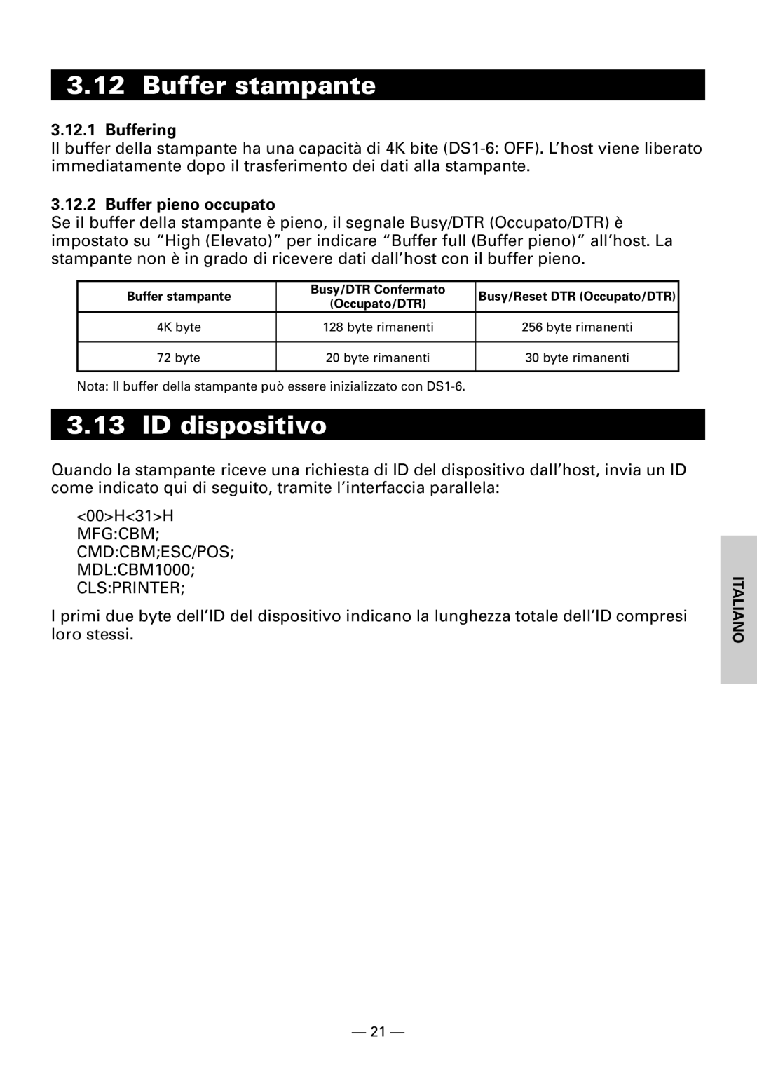 Citizen CBM1000II user manual Buffer stampante, ID dispositivo, Buffer pieno occupato 