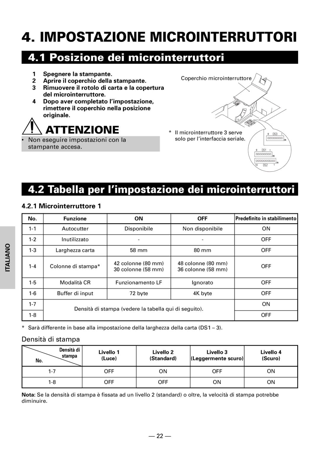 Citizen CBM1000II Impostazione Microinterruttori, Posizione dei microinterruttori, Microinterruttore, Densità di stampa 