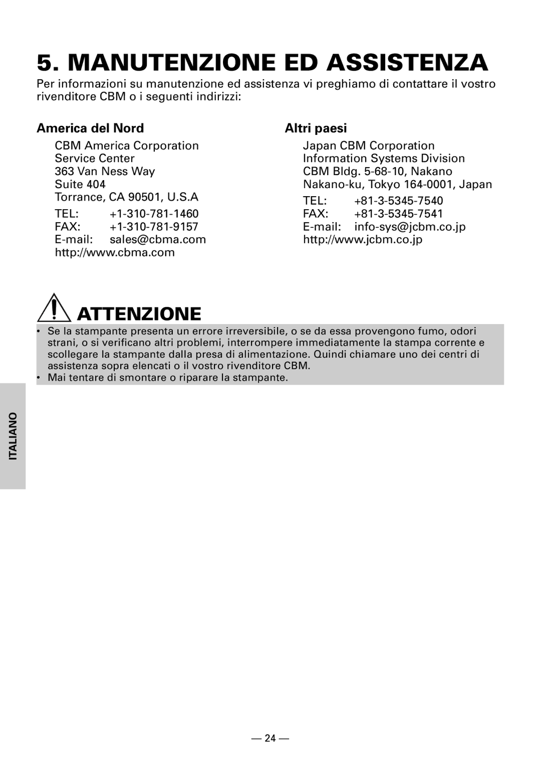 Citizen CBM1000II user manual Manutenzione ED Assistenza, America del Nord Altri paesi 