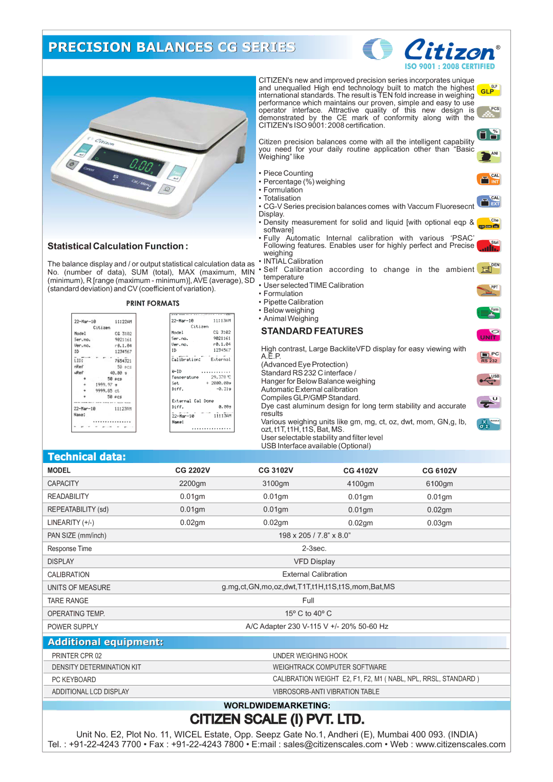 Citizen CG 4102V manual Precision Balances CG Series, Technical data, Statistical Calculation Function, Standard Features 