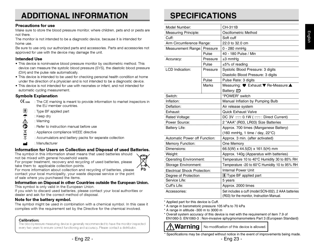 Citizen REF CH-311B instruction manual Additional Information, Specifications 