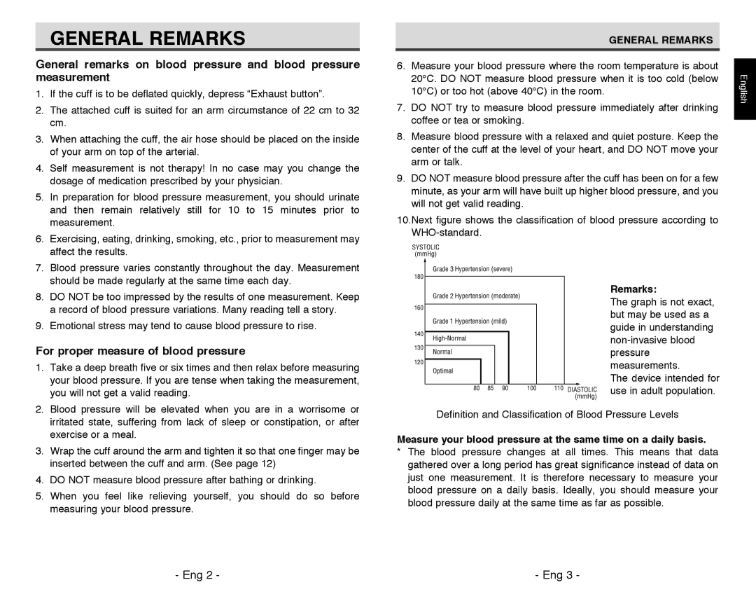 Citizen REF CH-311B instruction manual General Remarks, For proper measure of blood pressure 