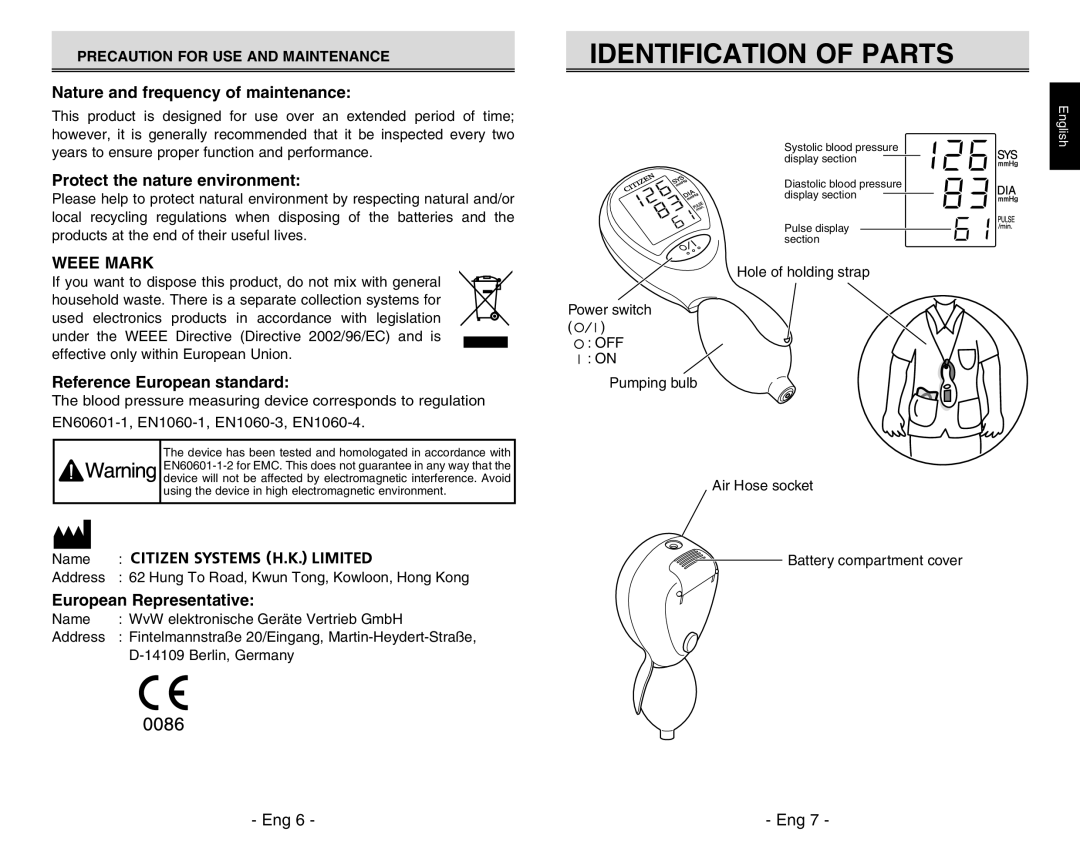 Citizen REF CH-311B Identification of Parts, Nature and frequency of maintenance, Protect the nature environment 