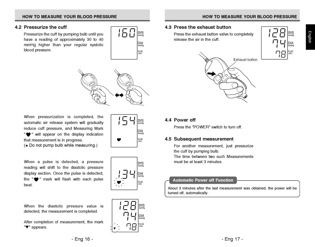 Citizen REF CH-311B instruction manual Pressurize the cuff, Press the exhaust button, Power off, Subsequent measurement 