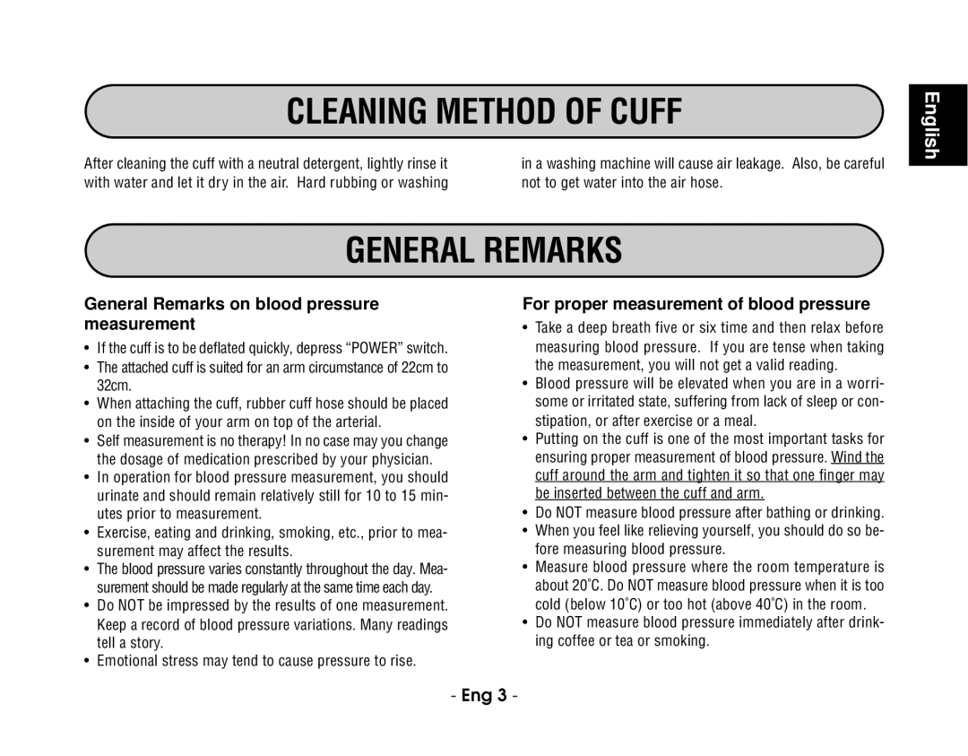 Citizen CH-403C instruction manual Cleaning Method of Cuff, General Remarks on blood pressure measurement 