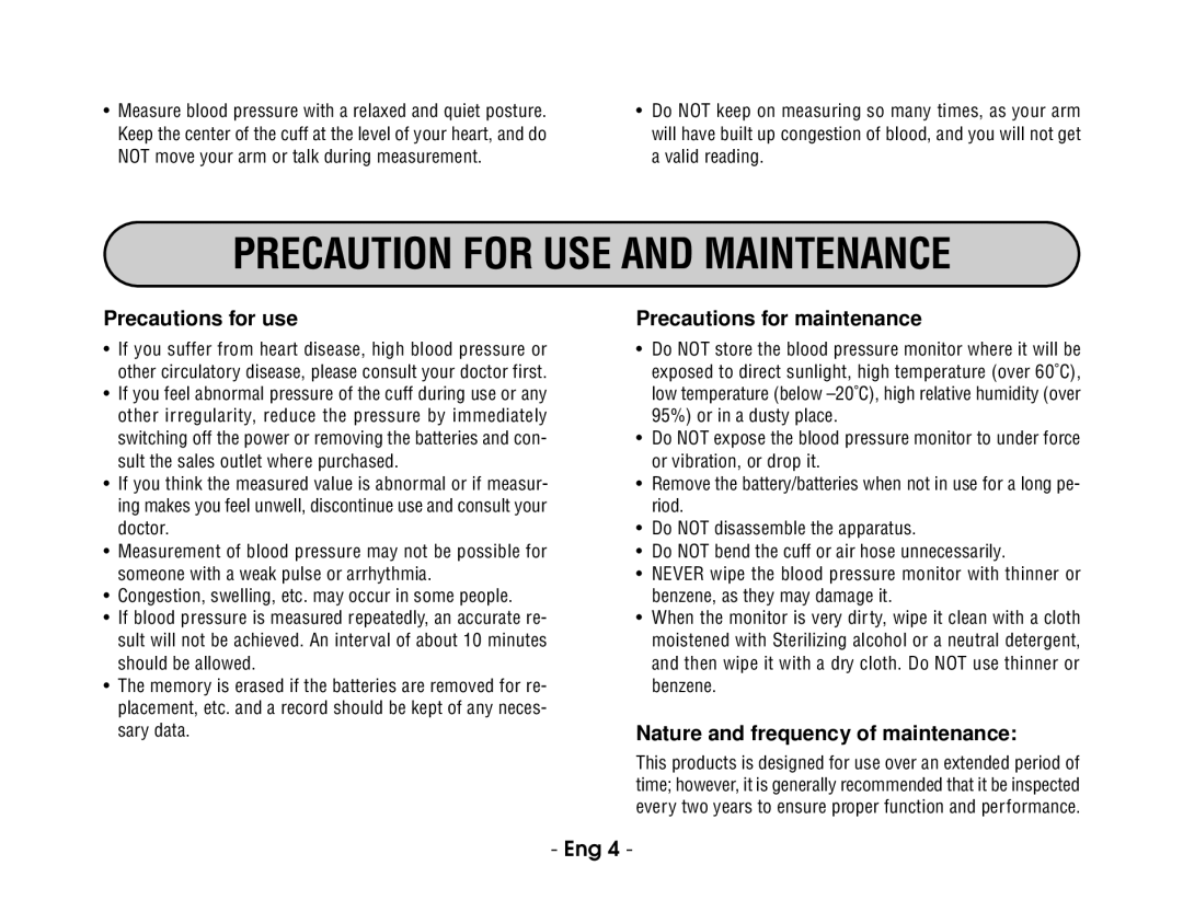 Citizen CH-403C instruction manual Precaution for USE and Maintenance, Precautions for use, Precautions for maintenance 