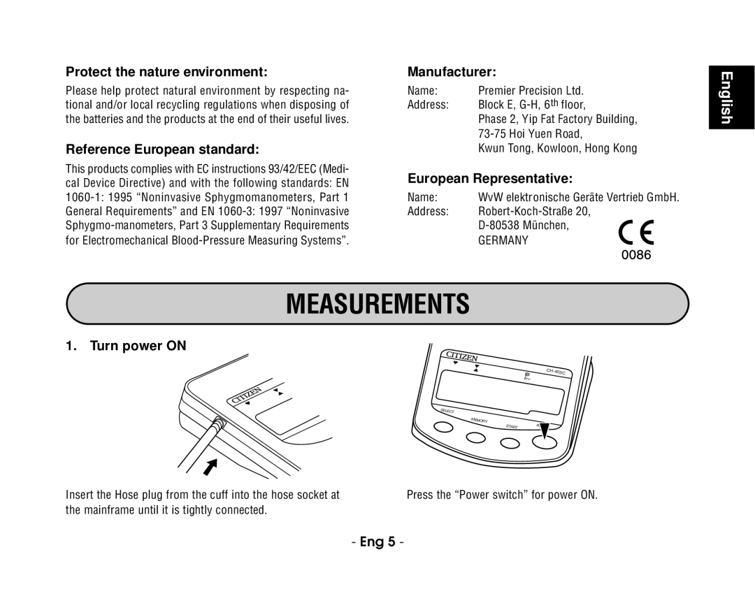 Citizen CH-403C instruction manual Measurements 