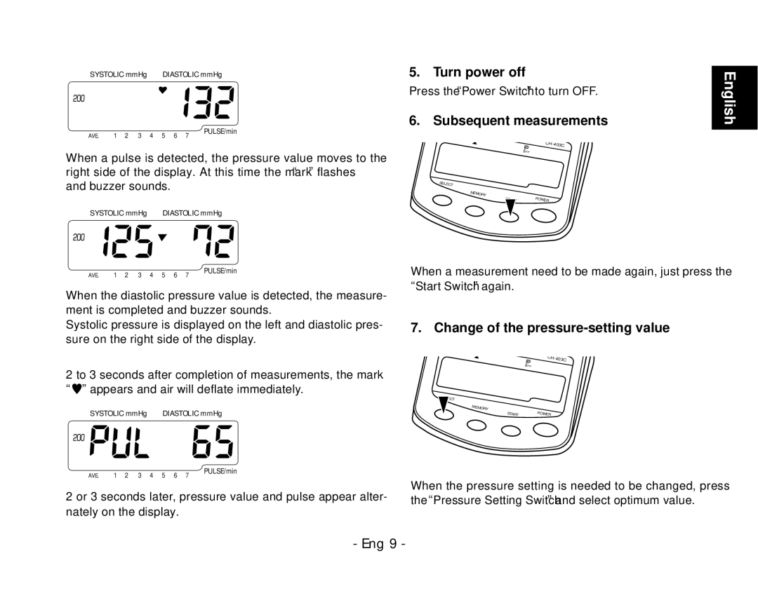 Citizen CH-403C instruction manual Subsequent measurements, Change of the pressure-setting value 