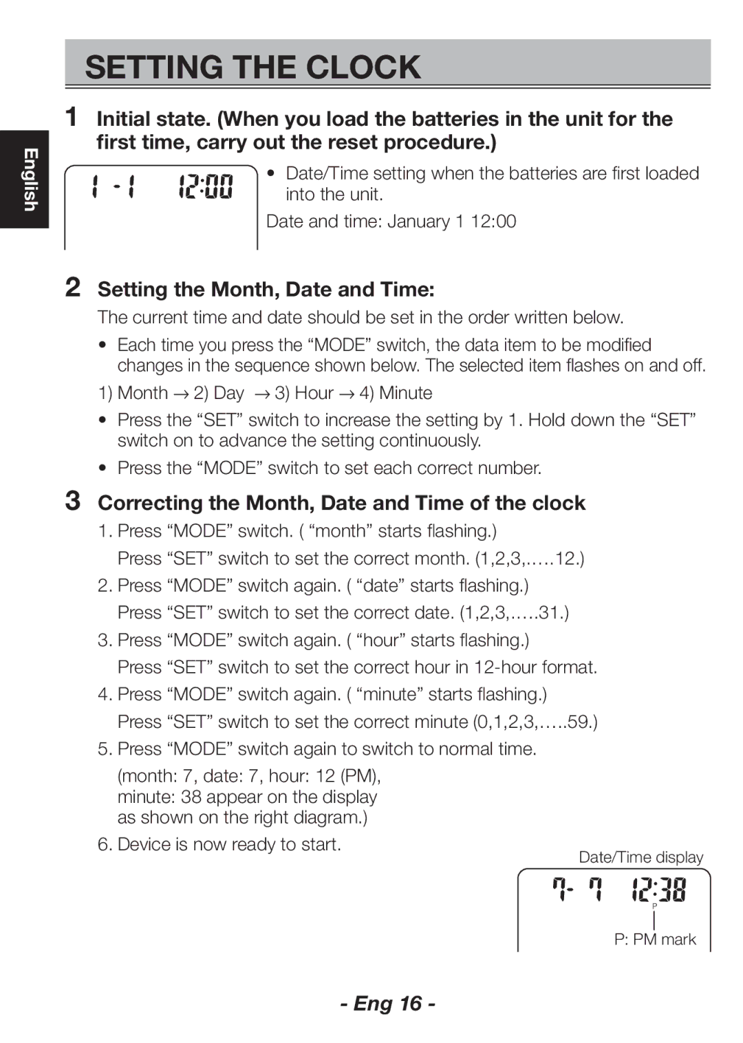 Citizen CH-406D Setting the Clock, Setting the Month, Date and Time, Correcting the Month, Date and Time of the clock 