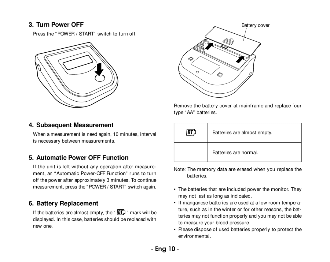 Citizen CH-432B Turn Power OFF, Subsequent Measurement, Automatic Power OFF Function, Battery Replacement 