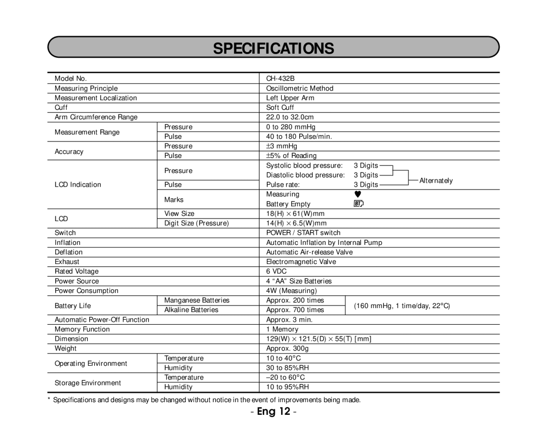 Citizen CH-432B instruction manual Specifications, Lcd 