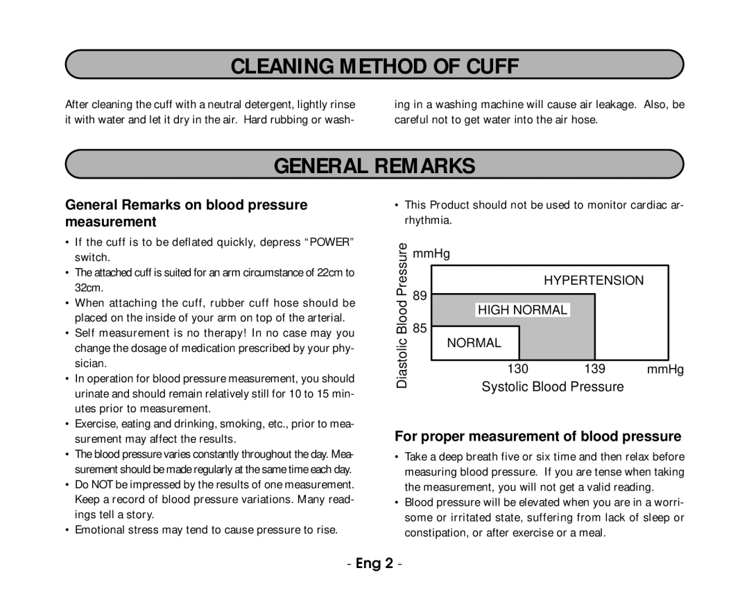 Citizen CH-432B instruction manual Cleaning Method of Cuff, General Remarks on blood pressure measurement 