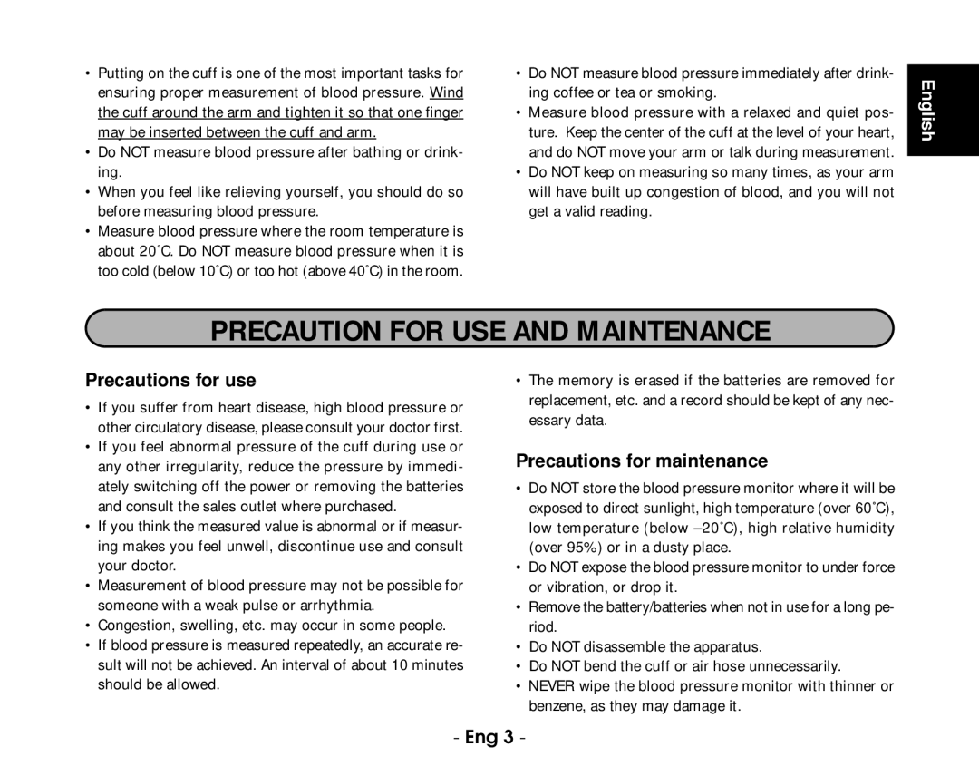 Citizen CH-432B instruction manual Precaution for USE and Maintenance, Precautions for use, Precautions for maintenance 