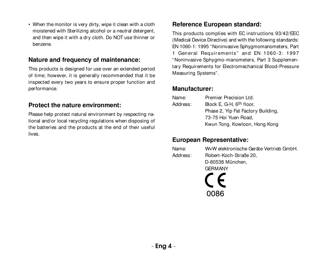 Citizen CH-432B Nature and frequency of maintenance, Protect the nature environment, Reference European standard 