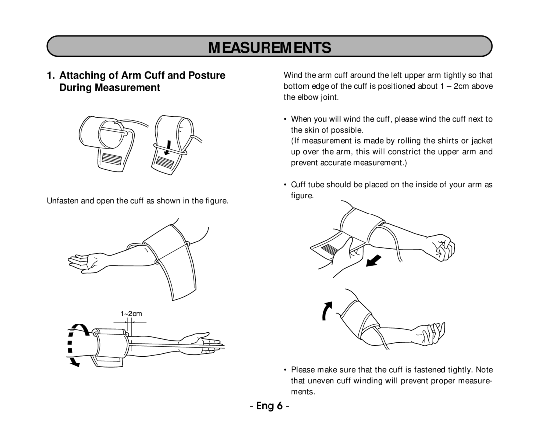 Citizen CH-432B instruction manual Measurements, Attaching of Arm Cuff and Posture During Measurement 