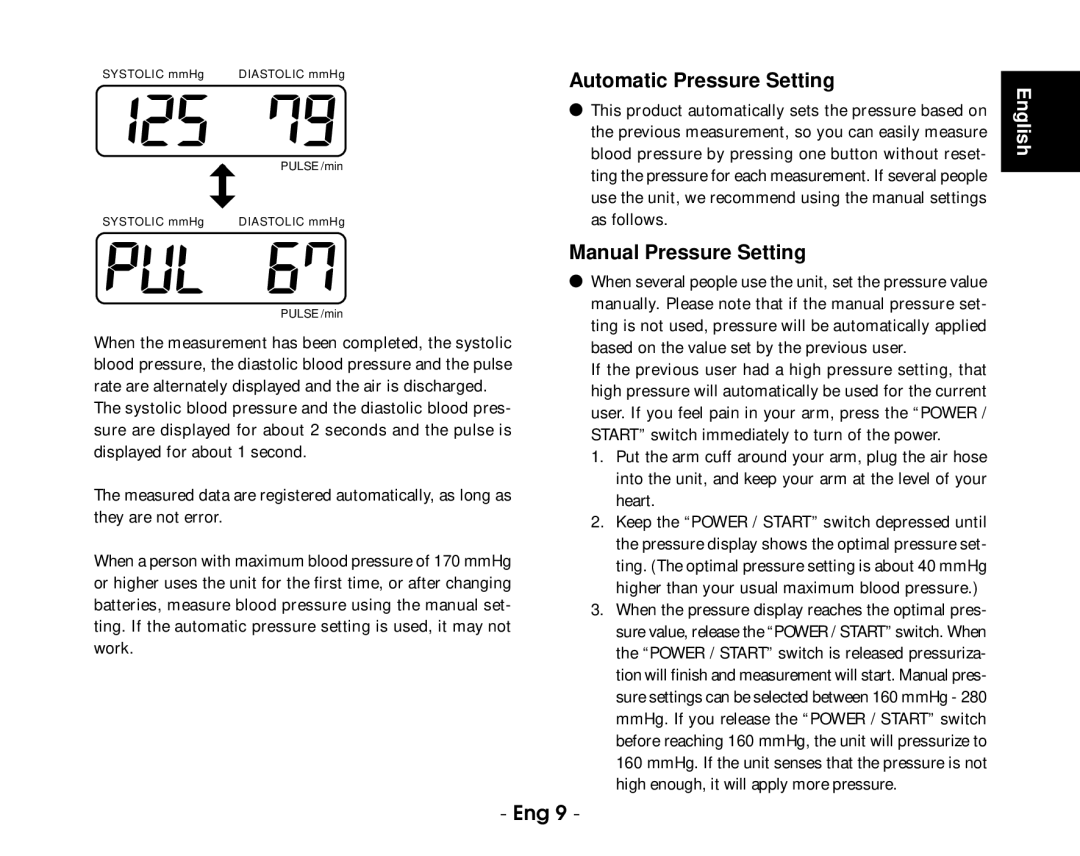 Citizen CH-432B instruction manual Automatic Pressure Setting, Manual Pressure Setting 