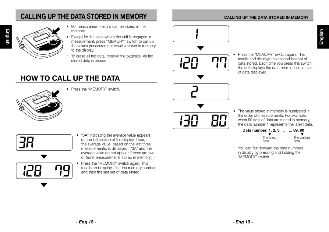 Citizen CH-452 instruction manual Calling UP the Data Stored in Memory, HOW to Call UP the Data, Español, Data number 1, 2 