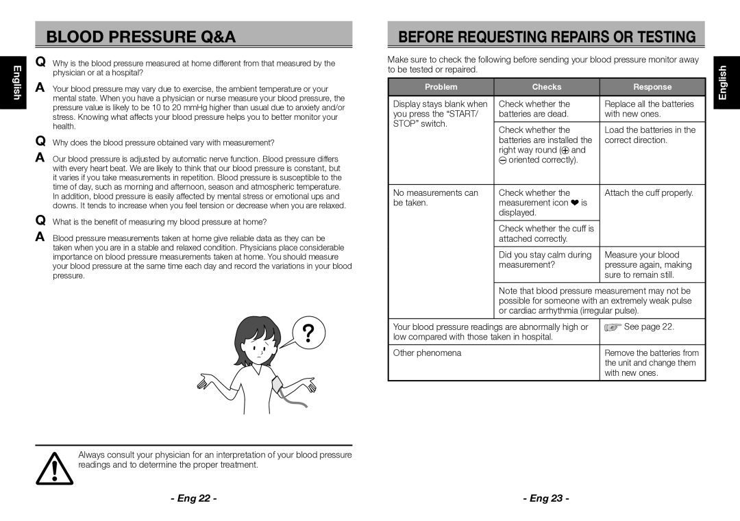 Citizen CH-452 instruction manual Blood Pressure Q&A, Italiano Français, Problem Checks Response 