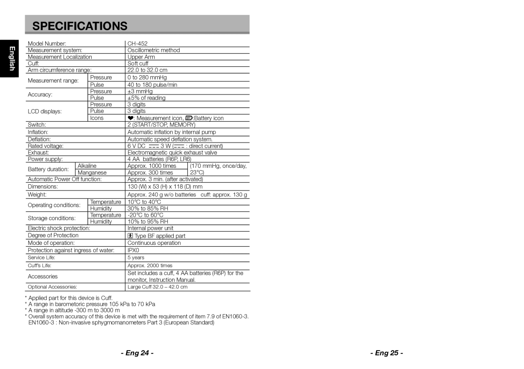 Citizen CH-452 instruction manual Specifications 