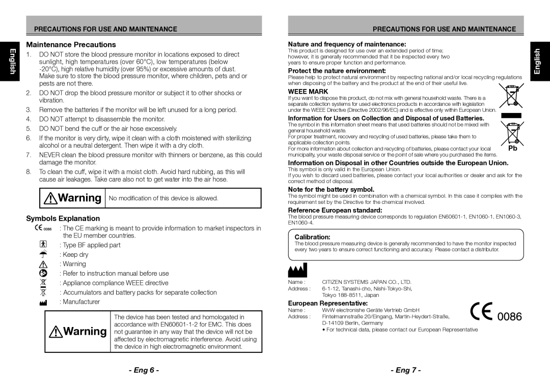 Citizen CH-452 instruction manual Maintenance Precautions, Symbols Explanation, Español, Deutsch, Français 