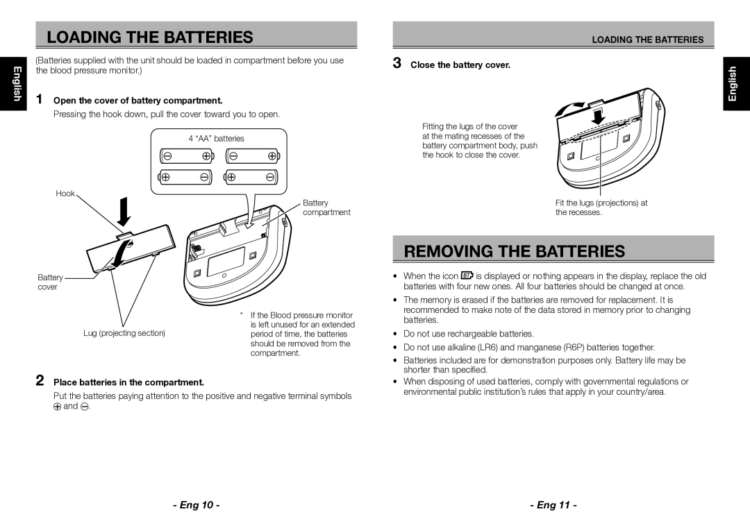 Citizen CH-452 instruction manual Loading the Batteries, Removing the Batteries, Español, Português, Italiano 