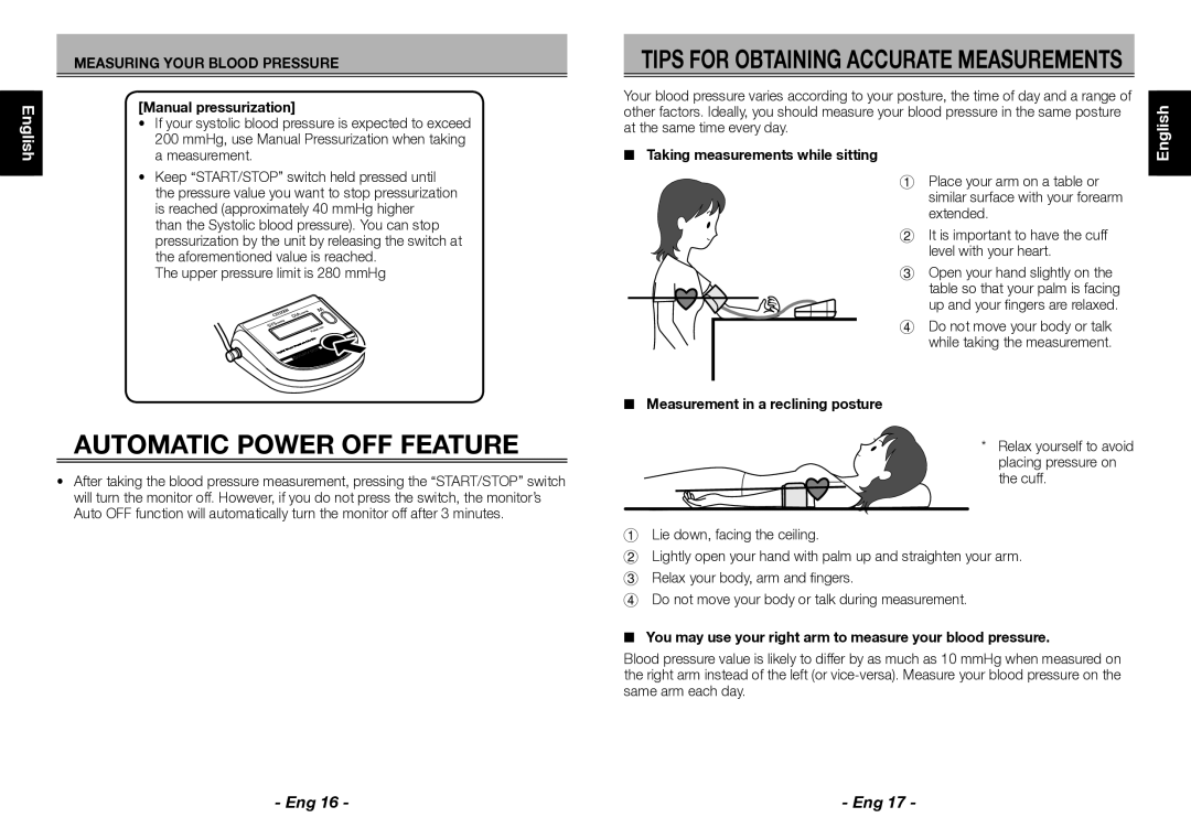 Citizen CH-452 instruction manual Automatic Power OFF Feature, Manual pressurization, Taking measurements while sitting 