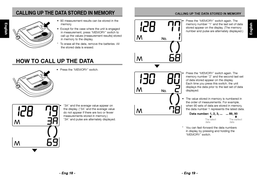 Citizen CH-453 Calling UP the Data Stored in Memory, HOW to Call UP the Data, Press the Memory switch, Data number 1, 2, 3 