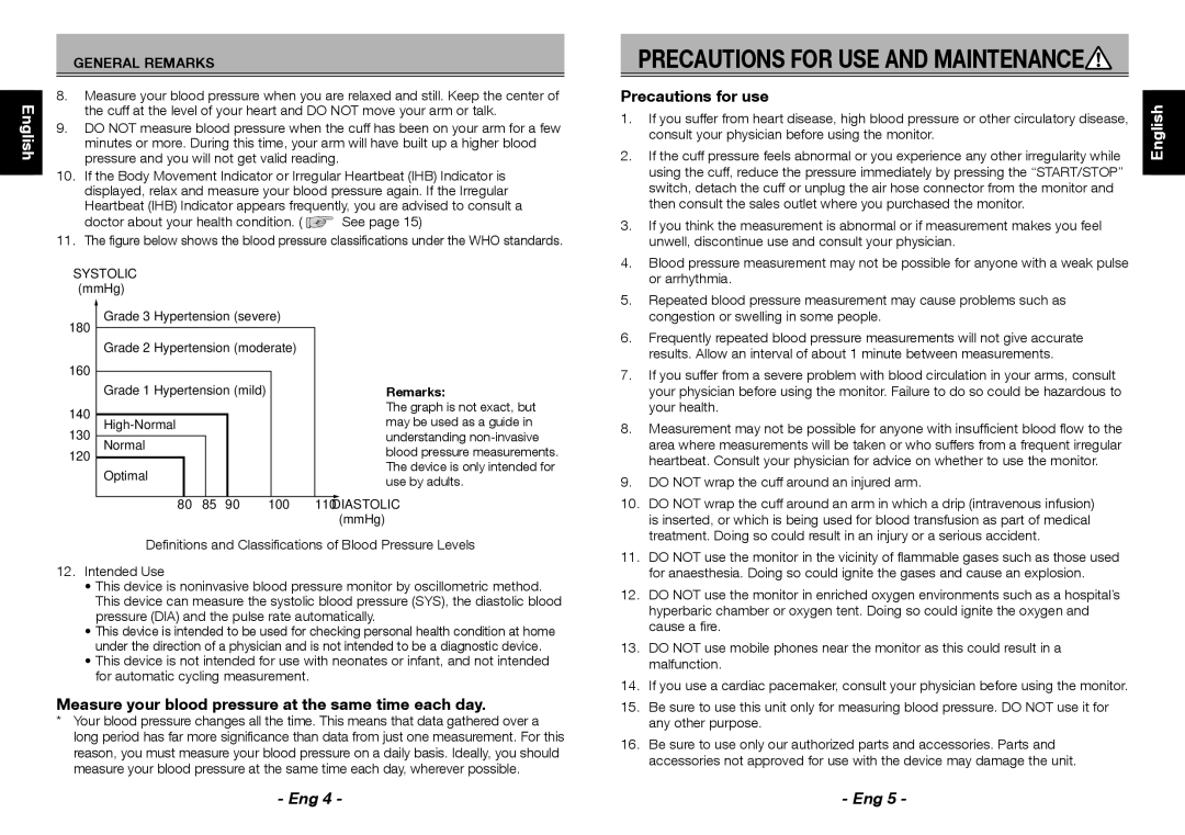 Citizen CH-453 instruction manual Measure your blood pressure at the same time each day, Precautions for use, Remarks 