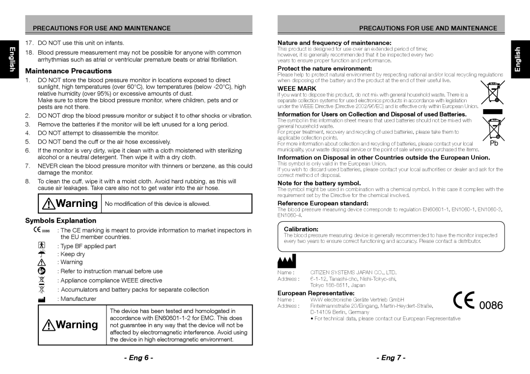 Citizen CH-453 instruction manual Maintenance Precautions, Symbols Explanation, English 