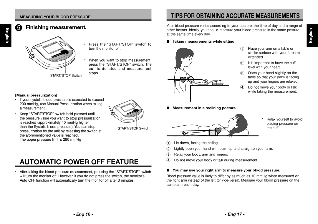 Citizen CH-453 instruction manual Automatic Power OFF Feature, Manual pressurization, Taking measurements while sitting 