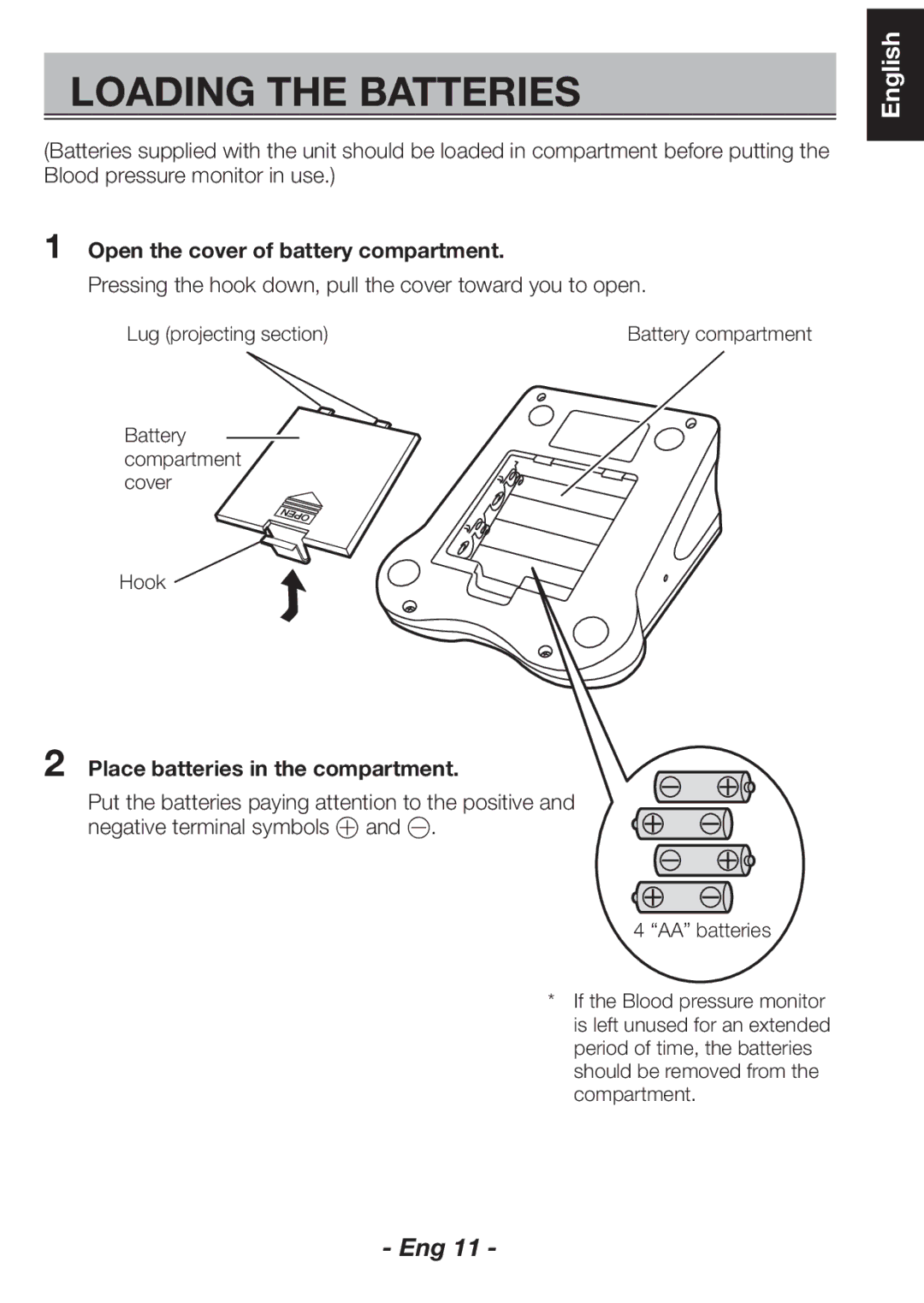 Citizen CH-461C Loading the Batteries, Open the cover of battery compartment, Place batteries in the compartment 