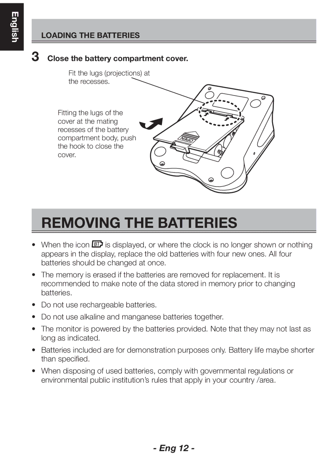 Citizen CH-461C instruction manual Removing the Batteries, Close the battery compartment cover 