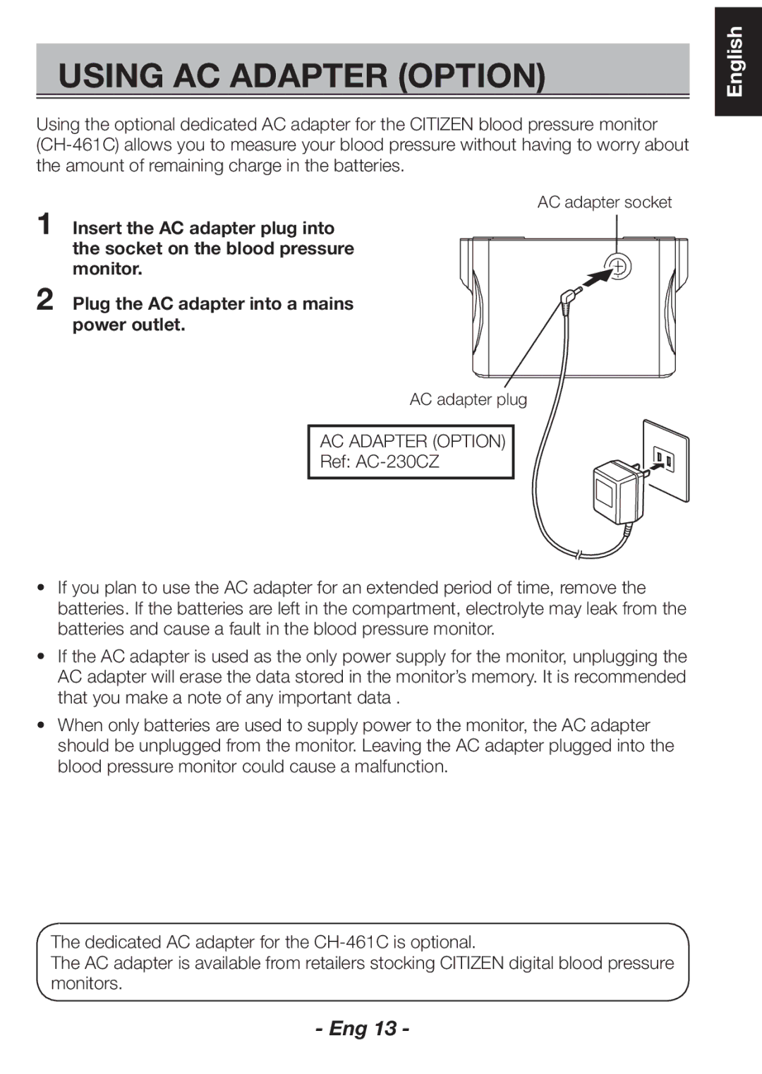 Citizen CH-461C instruction manual Using AC Adapter Option 