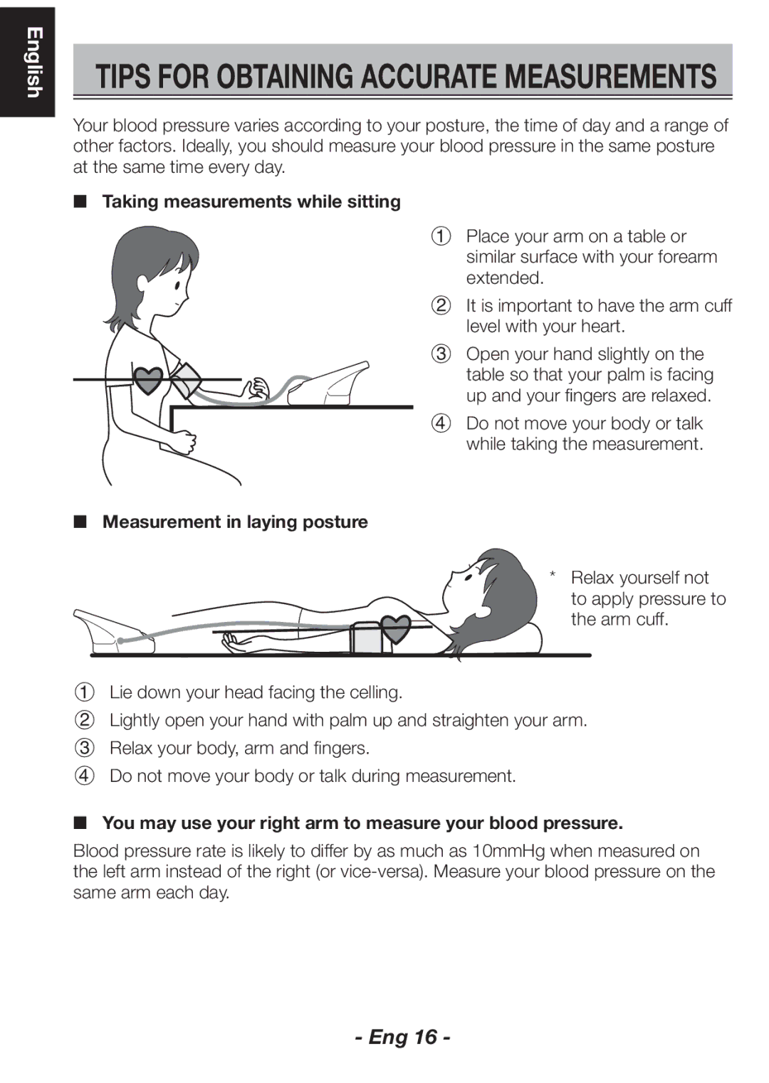 Citizen CH-461C instruction manual Taking measurements while sitting, Measurement in laying posture 