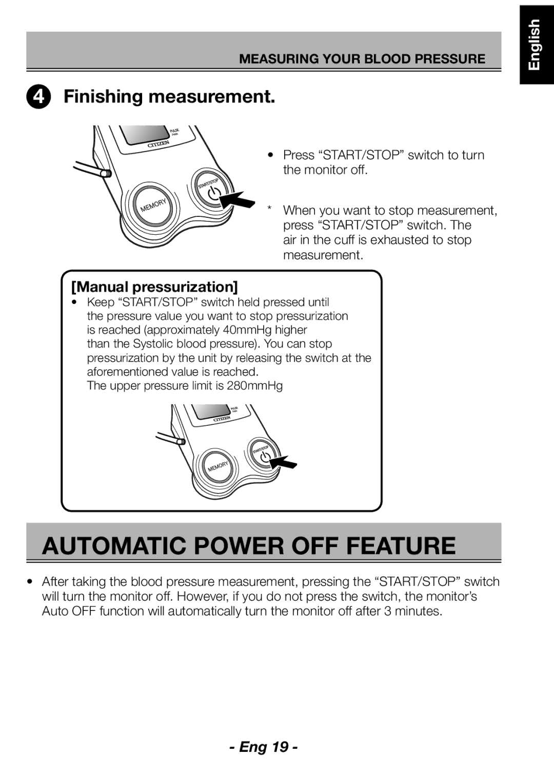 Citizen CH-461C instruction manual Automatic Power OFF Feature, Manual pressurization 