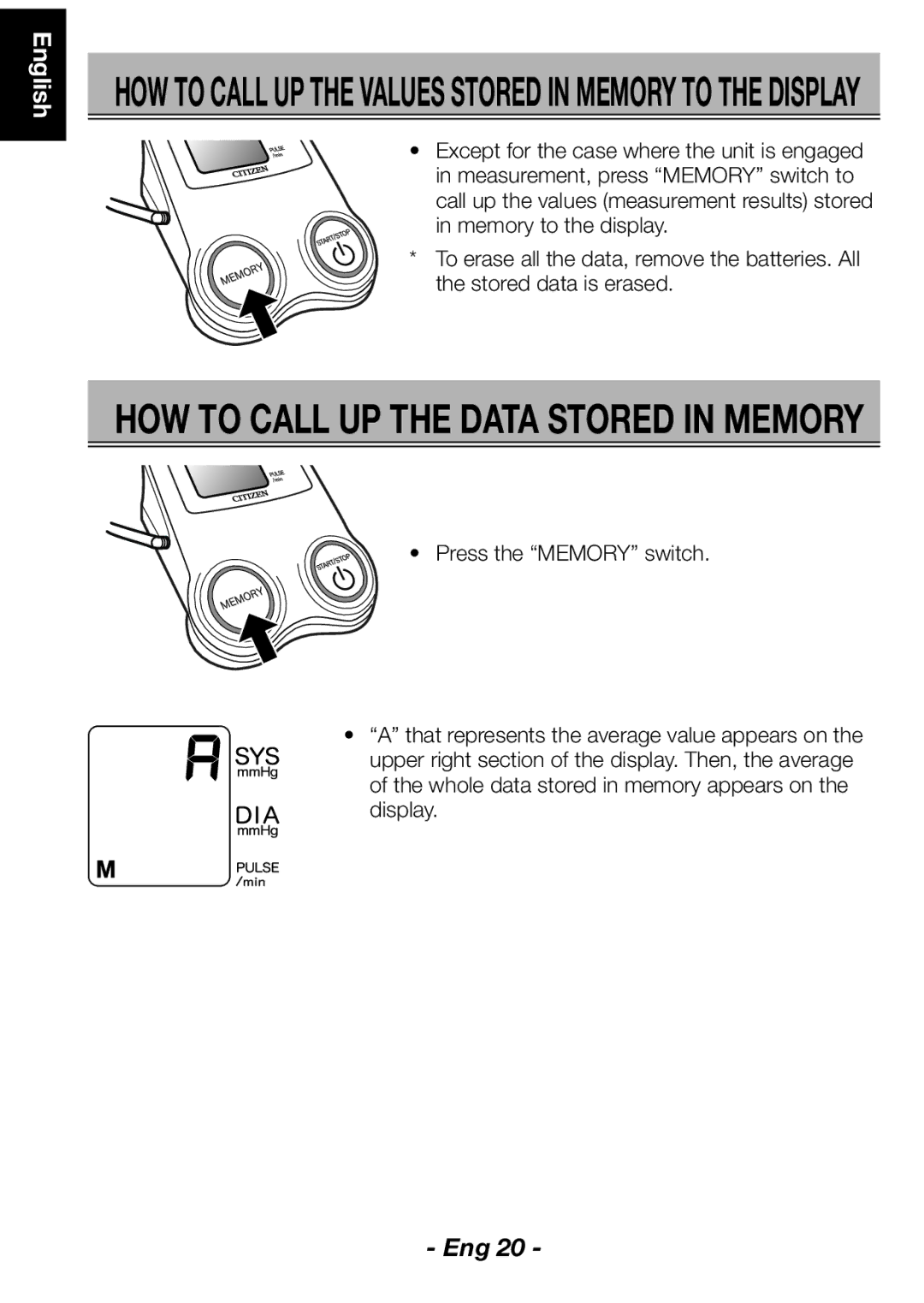 Citizen CH-461C instruction manual HOW to Call UP the Data Stored in Memory 